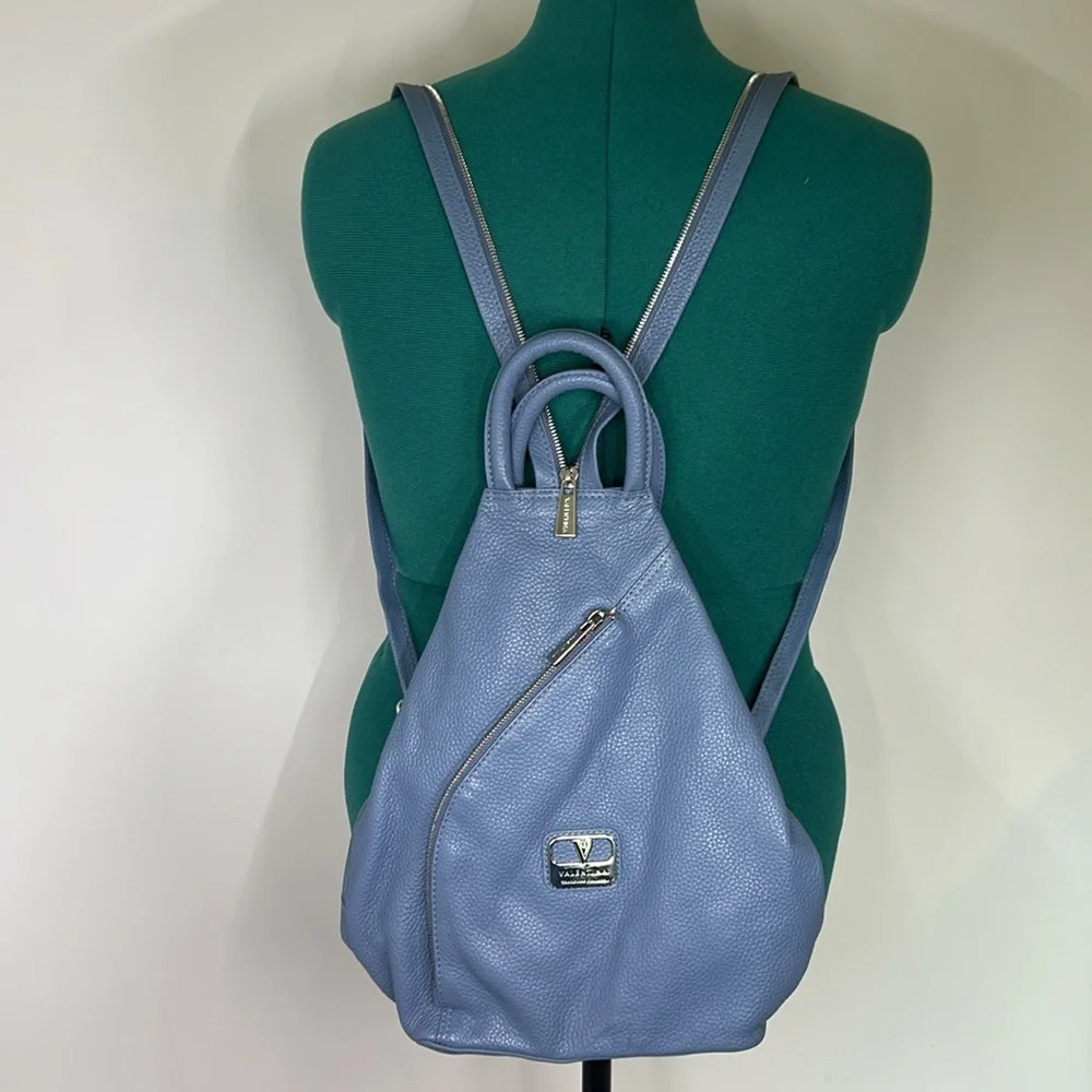 Valentina Chic Blue Leather Convertible Backpack Sling Bag with Silver Details